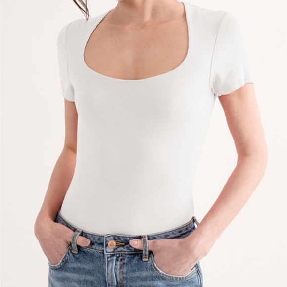 Kari’s Fashion Tops - Women’s Ivory Double Layered Square Neck Short Sleeve Bodysuit